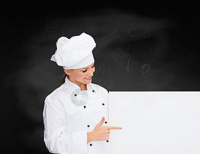 带白白板的笑着女厨师木板美食黑板女性女士班级黑色广告棕榈白色图片