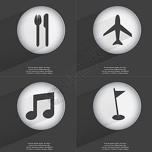 叉子和刀子 飞机 笔记 高尔夫球洞图标标志 一组具有平面设计的按钮 向量图片