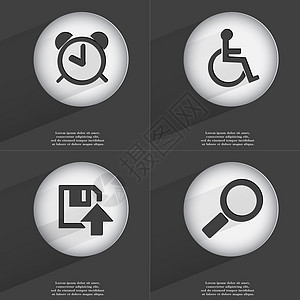 闹钟 残疾人 软盘上传 放大镜图标标志 一组具有平面设计的按钮 向量背景