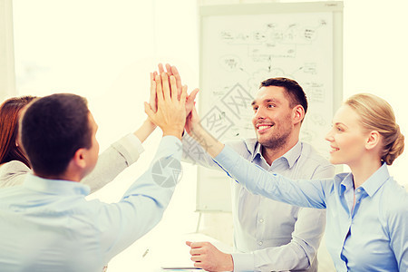 快乐的生意团队 在办公室击掌派对人士合伙胜利成功优胜者伙伴幸福合作商界图片