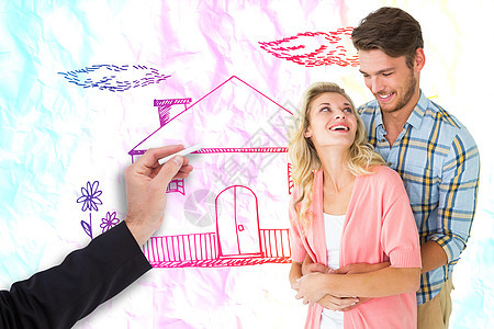 有吸引力的年轻夫妇拥抱和笑容的复合形象男人粉笔休闲潮人绘图人士套装写作计算机感情图片