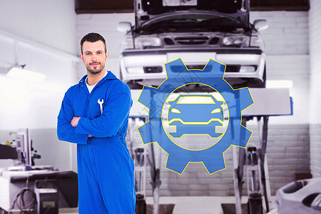 笑笑的男性机械机手扣球员综合图像职业幸福工作服蓝色汽车服务微笑液压双臂工程图片