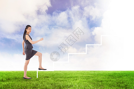 商业妇女崛起的复合形象图象公司蓝天人士职业进步马尾辫绿色黑发楼梯脚步图片
