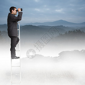 商务人士在阶梯上站立的复合形象植物森林风景夹克男人商业区系人士套装梯子图片