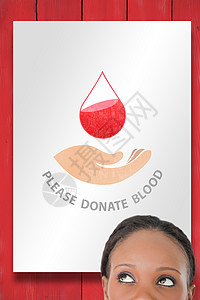 近身女性在白色背景上向上对角看的复合图像木头诊所保健本草床单红色输血医疗绘图黑色图片
