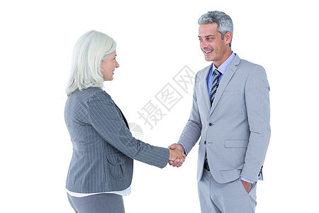 商务人士与一名女商务人士握手问候职场职员快乐手臂微笑办公室伙伴套装合作图片