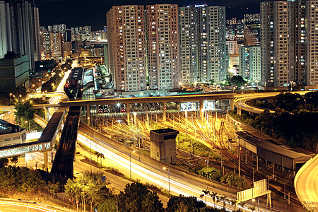 香港夜景晚上在市中心的香港汽车夜景踪迹速度运输场景商业建筑旅行城市背景