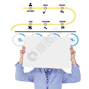 一个商务人士将脸面藏在空白面板后面的画像综合肖像图象商业推介会男人男性快乐卡片商务广告牌人士命令图片