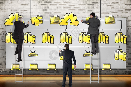 商业团队写作的复合图像手绘地板男性计算机合作行政人员职员套装梯子生意图片