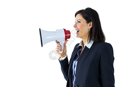 女商务人士用扩音器喊叫呐喊商业微笑套装快乐公司职业女性公告商务图片