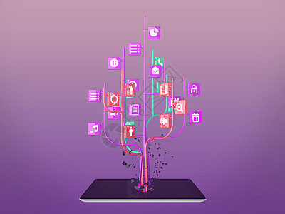 在现代黑色平板电脑上以树形状设置的社交媒体图标c药片互联网商业电子商务技术讲话电话笔记本插图触摸屏图片