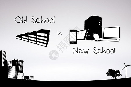 旧学校与新学校的复合形象黑色笔记本技术电脑灰色城市图书建筑教育景观图片