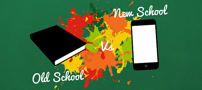 旧学校与新学校的复合形象黄色绘图学习艺术创造力橙子红色手机飞溅技术背景图片