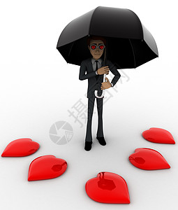 3个带雨伞和许多红心概念的男子卡通片棕色领带红色外套管理人员图片