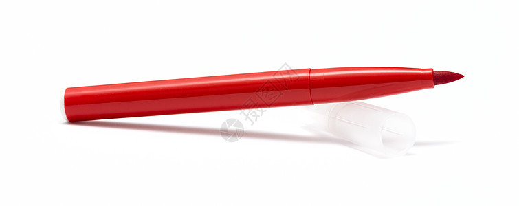 白色背景上孤立的红标记毛毡学校商业宏观铅笔绘画荧光染色墨水荧光笔图片