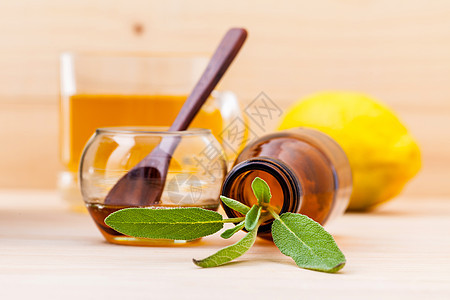 一杯草药茶 配上新鲜的圣经 蜂蜜和木面包上的柠檬饮料液体叶子丹参花园康复玻璃智者木头香料图片