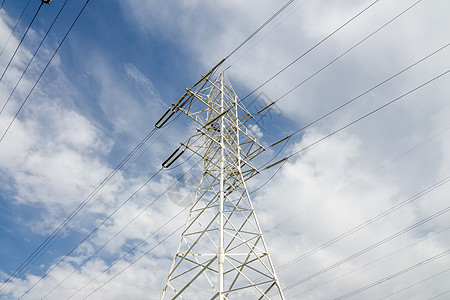 高压电压输电线金属支持车站电网系统输电塔电气力量蓝天活力图片