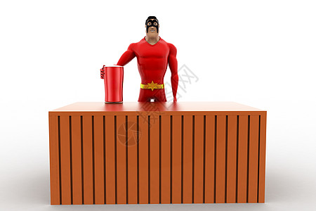 3D超级英雄 红杯放在桌上的概念卡通片桌子玻璃红色图片
