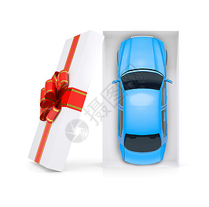 蓝色车装在白色 顶视图的礼品盒中图片