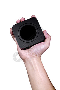 手握方形黑盒 黑圆在盒子内解决方案海报技术身份信号展示奉献物品横幅营销图片