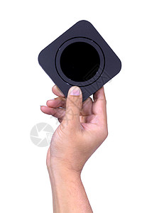 手握方形黑盒 黑圆在盒子内解决方案海报技术信号营销横幅销售展示奉献商业图片
