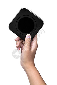 手握方形黑盒 黑圆在盒子内奉献展示解决方案技术横幅销售身份营销信号海报图片