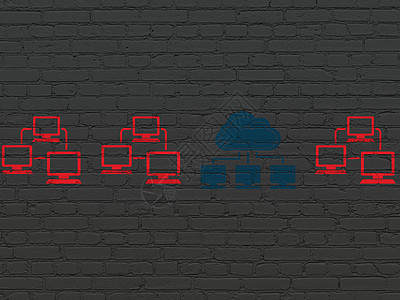 在背景墙上的云网络概念云网络图标蓝色高科技屏幕技术全球建筑黑色绘画解决方案服务器图片