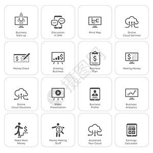 商业和金钱图标集 平板设计跑步思维导图服务计划演示咨询短信桌面讨论清单图片