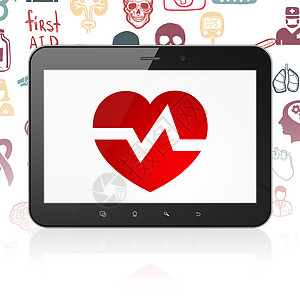 医疗保健概念平板电脑与心脏上显示生活技术药品笔记本药片绘画制药软垫卫生医生图片