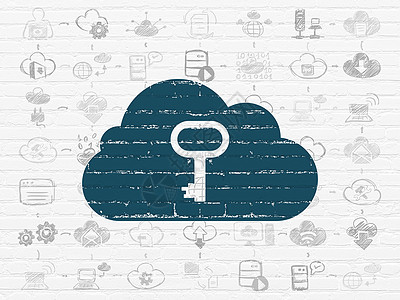 云计算概念云与背景墙上的钥匙网络蓝色技术解决方案图表安全数据网站建筑白色图片