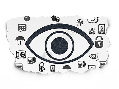 撕纸背景上的保护概念眼报纸保卫别针密码眼睛黑色数据网络绘画犯罪图片