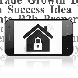 金融概念智能手机与首页上显示标签展示团队挂锁软垫成功项目战略房子安全图片