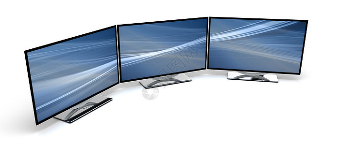 三个 HD 显示电子产品娱乐电视控制板屏幕技术监视器展示黑色蓝色图片