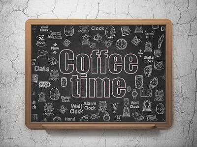 时间概念 在学校董事会背景上喝咖啡时间绘画木板粉笔咖啡教育粉色展示划痕倒数学习图片