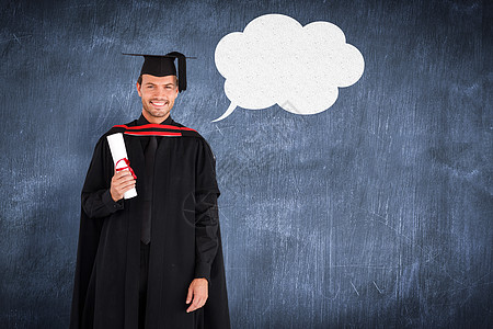 具有毕业文凭的迷人的毕业生男孩的复合形象喜悦帽子幸福快乐蓝色演讲话框学习教育沟通图片
