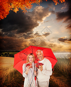 红伞下幸福情侣肖像的合成图象小路季节树叶地平线男性场地风景丈夫日落女性图片