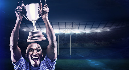 快乐运动员在握奖杯时欢呼的复合形象杯子欣快感运动绘图体育场男性微笑世界冠军手臂图片