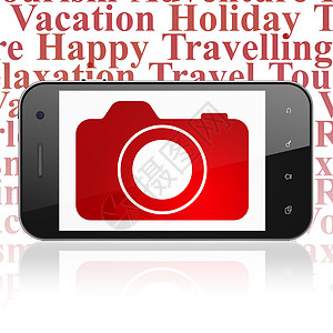 假期概念 展示带有照相机的智能手机屏幕标签照片摄影闪光航程世界巡航冒险绘画图片