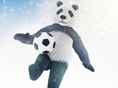 角色在蓝色背景上覆盖着毛皮 具有散景效果并追逐球 熊猫足球运动员在雪地背景下进行训练图片