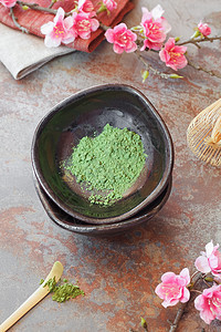 Matcha 绿色茶陶器杯子营养茶仙竹子生活芳香地面食物文化图片