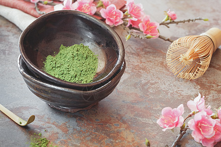 Matcha 绿色茶文化杯子食物营养粉末饮料用具美食陶器乡村图片
