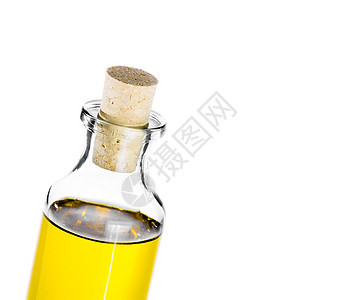 以白色背景倾斜的橄榄油瓶 孤立图片
