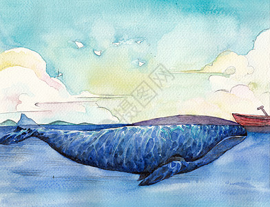 云鲸鱼水彩高定义说明 大鲸鱼 伟大的卡通风格观景壁纸背景设计 带有故事的图片背景