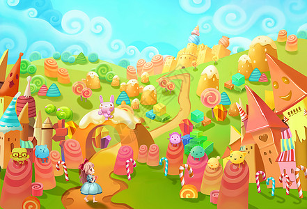 插图 欢迎来到糖果乐园！小公主迷失在森林里 遇见了小糖果世界 那些糖果生物也看到了她 欢迎 他们似乎在说 - 梦幻般的风格场景设图片