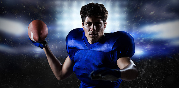 足球运动员扔足球运动员的复合肖像图象男性门柱安全运动服体育橄榄球体育场蓝色男人手套图片