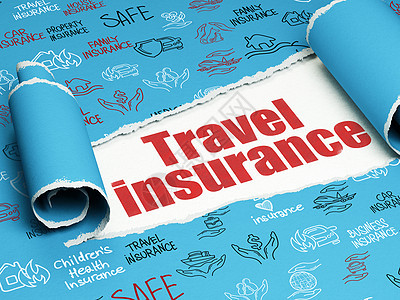保险概念 红色案文 在撕破的纸下的旅行保险(旅行保险)图片