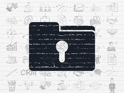 金融概念文件夹与墙上背景上的钥匙孔营销电脑数据项目安全绘画伙伴公司领导者文档图片