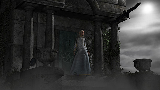 月光下古老的幽灵陵墓中的女精灵图片