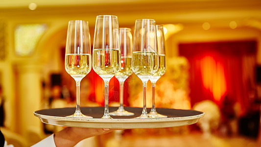 在托盘上供应香槟的服务员命令液体庆典玻璃就业派对嘶嘶职业绅士餐厅背景图片