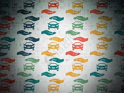 保险概念 数字纸背景上的汽车和棕榈图标被保险人事故风险车辆安全代码技术数据损失运输图片